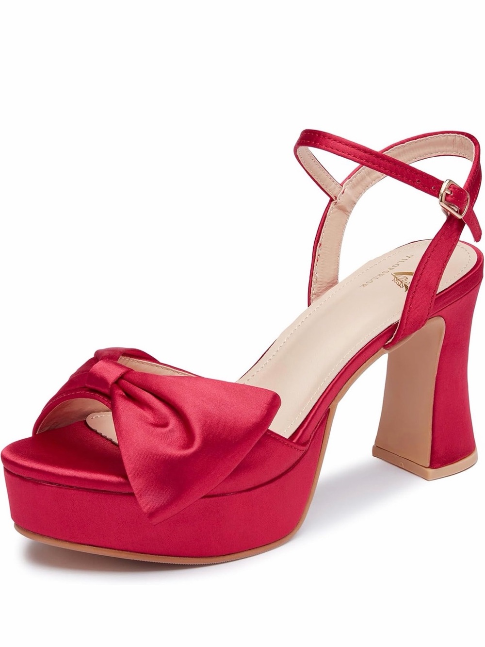Red Satin Bow Platform Heels with Ankle Strap - Women
